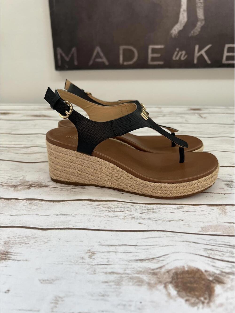 Michael Kors Black and Tan Espadrille Wedge Sandals - 7.5